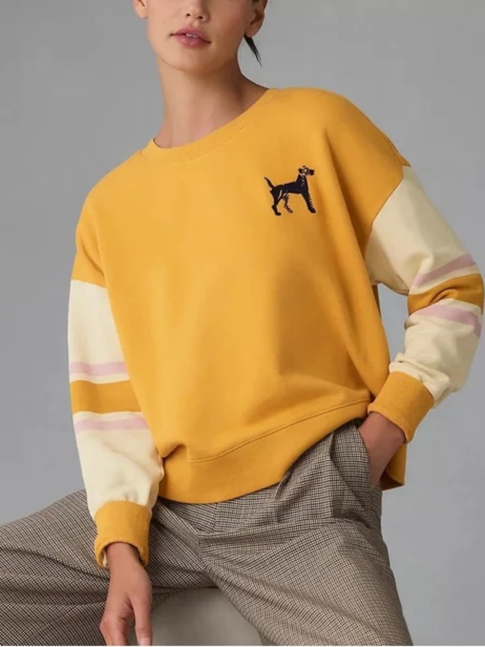 Maeve x Anthropologie Women’s Yellow Cropped Crew Neck Dog Sweatshirt Size M